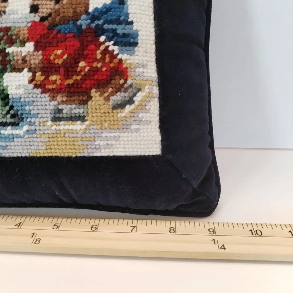 Vintage Needlepoint Christmas‎ Pillow Bears Ice Skating 9